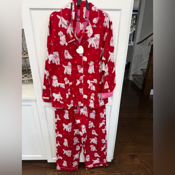 NWT PJ Salvage RED/WHITE DOGS WITH PINK BOWS Cotton Flannel Pajama Set Women's M - Picture 2 of 7